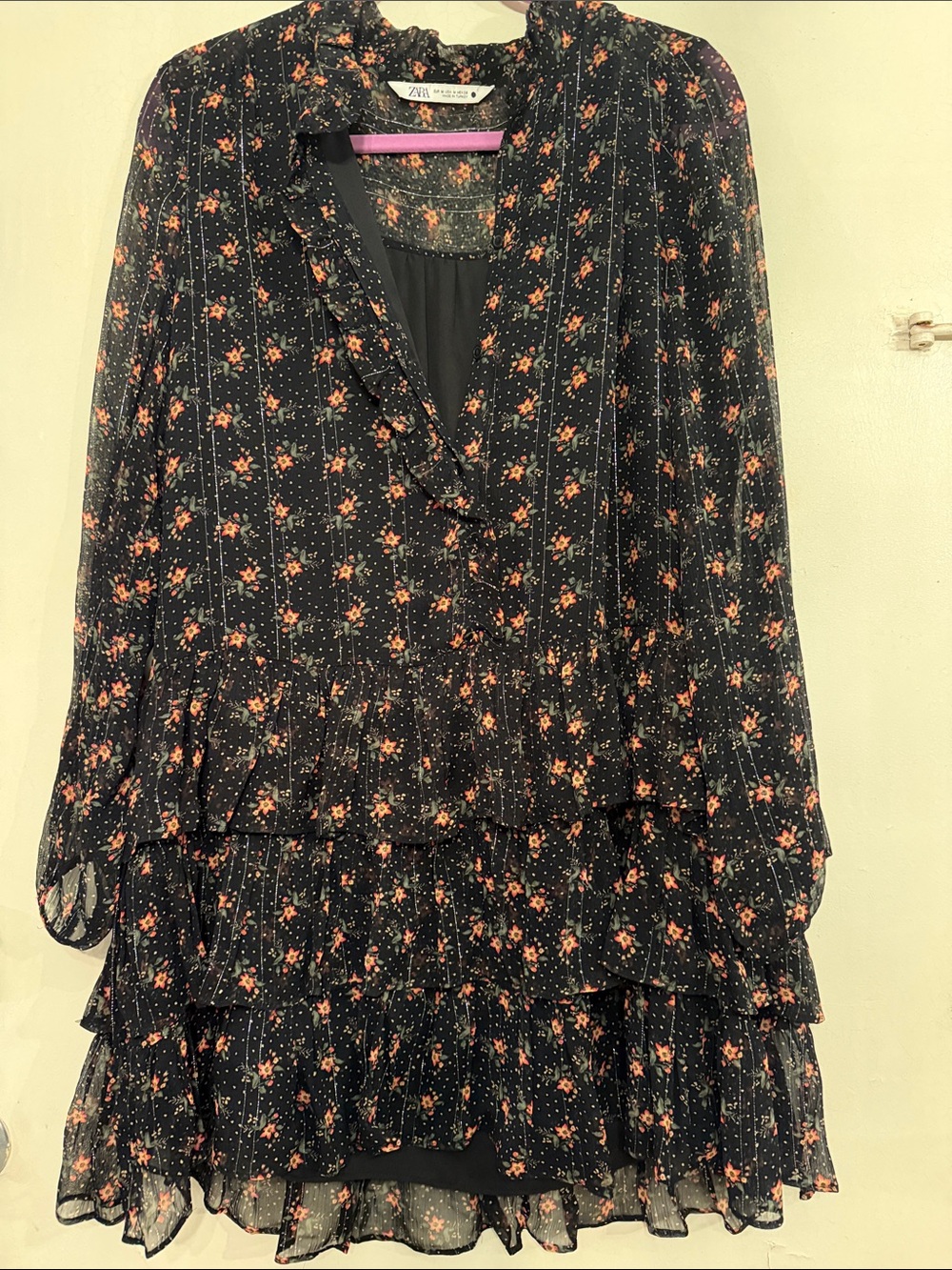 ZARA Black Floral Ruffle Tiered Long-Sleeve button front Dress Sz.M
